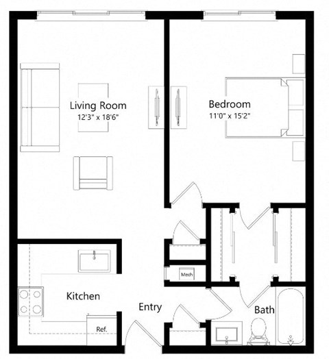 Floor plan for 1 bed, 1 bath, 580 sqft